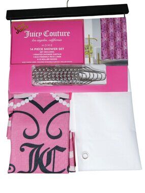 Juicy Couture Home 14 Piece Shower Curtain Set Pink PEVA Liner Roller Hooks